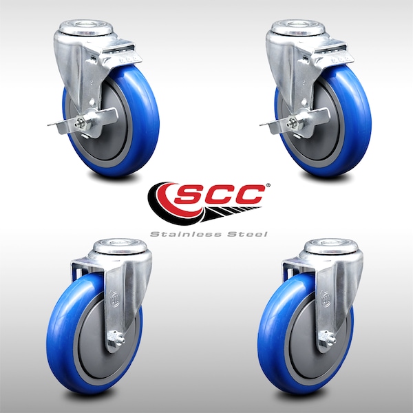 Service Caster 5 Inch SS Blue Polyurethane Wheel Swivel Bolt Hole Caster Set with 2 Brake SCC SCC-SSBH20S514-PPUB-BLUE-TLB-2-S-2 - main